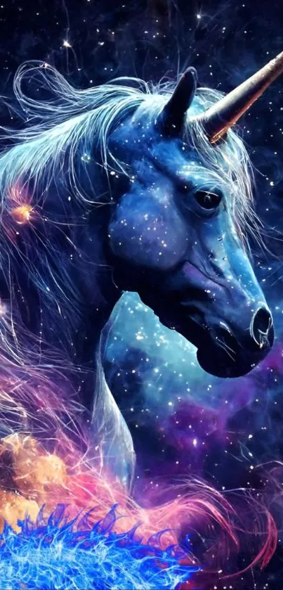 Majestic unicorn in cosmic themed design with vibrant blue hues.