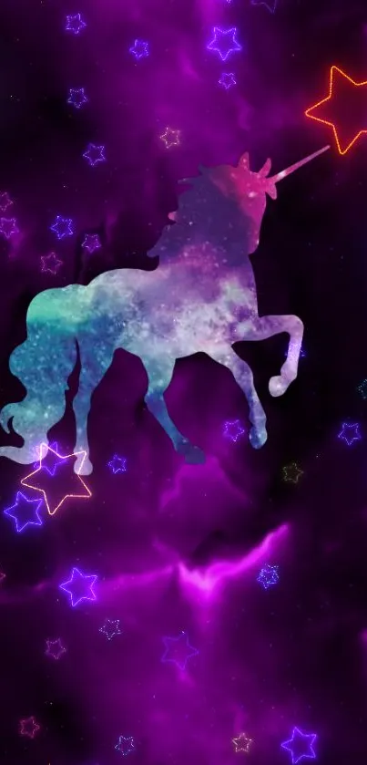 Mystical unicorn in a vibrant starry galaxy wallpaper.