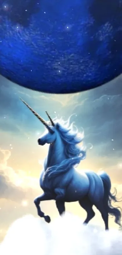 Unicorn on clouds with a vivid blue moon background.