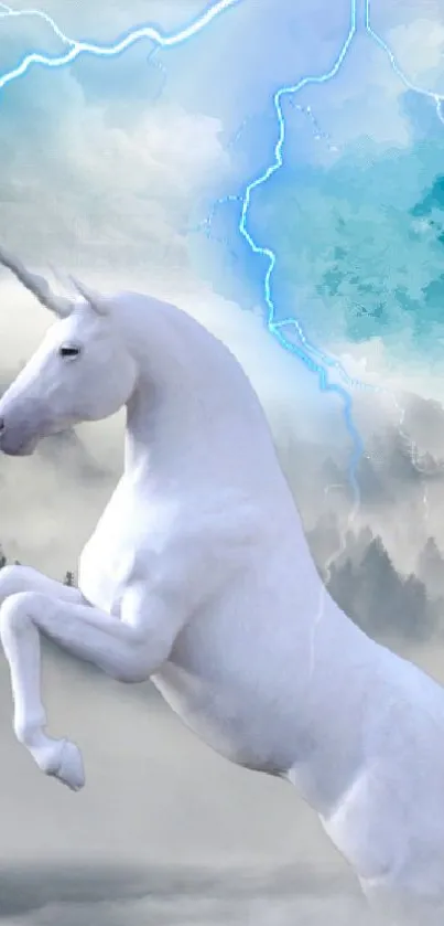 Mystical unicorn amid blue lightning and misty forest.