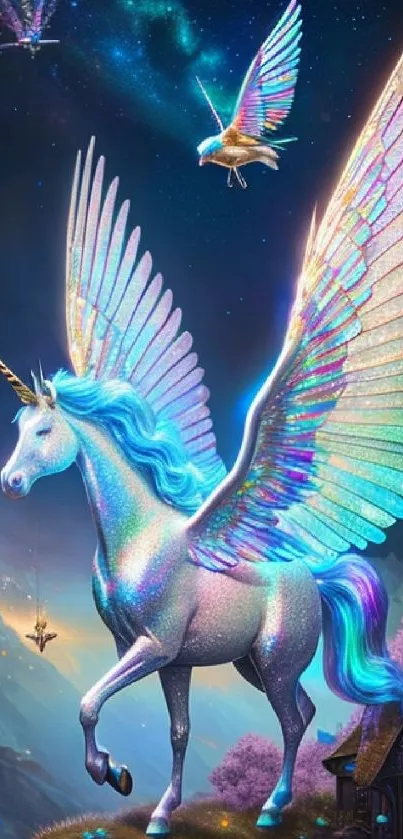 Colorful unicorn with iridescent wings in a fantasy landscape mobile wallpaper.