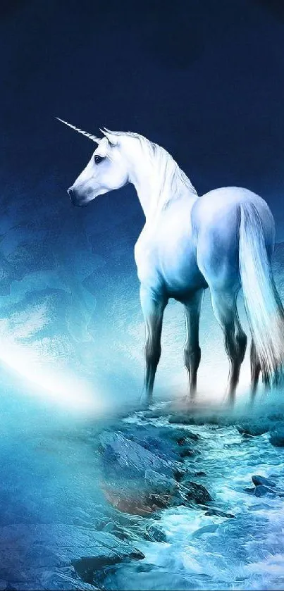 Mystical unicorn in a celestial blue night background.