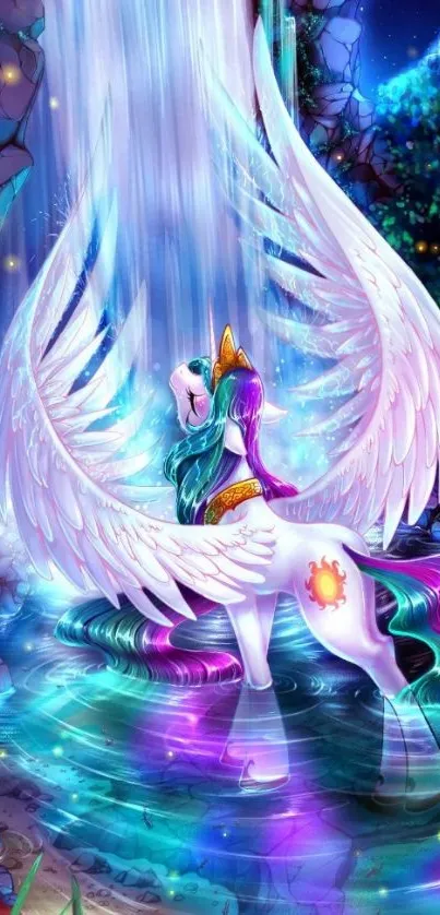 Fantasy unicorn with rainbow mane at waterfall under a starry sky.