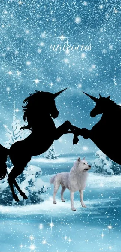 Silhouetted unicorns in a snowy winter landscape with a wolf.