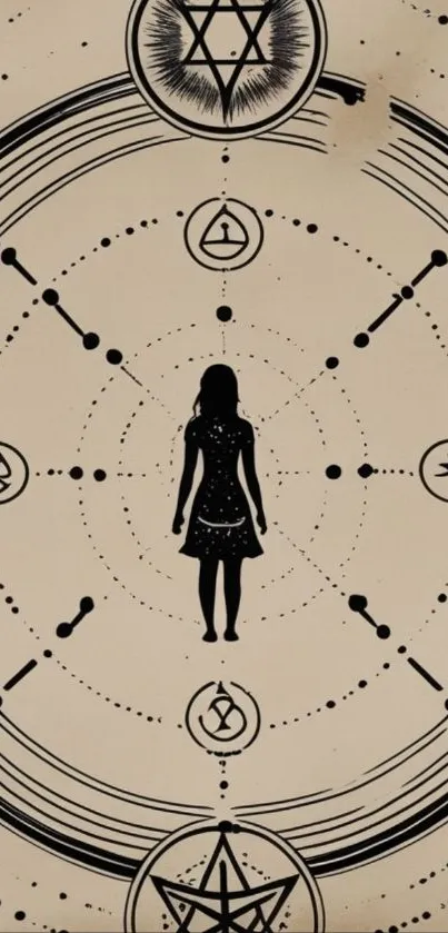 Mystical silhouette with cosmic design and symbols on a beige background.