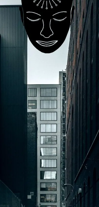 Mystical face art above urban alley with dark buildings.