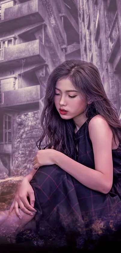 Mystical urban scene with a contemplative figure amid purple hues.