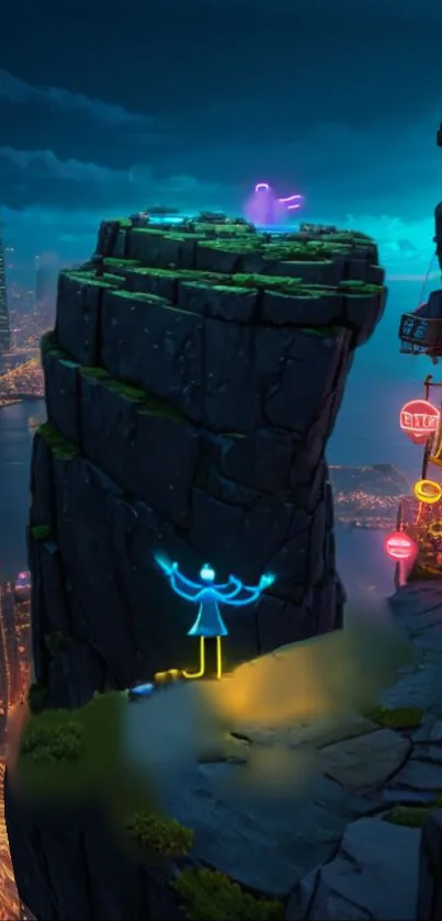 Mystical neon-lit cliff over vibrant cityscape.