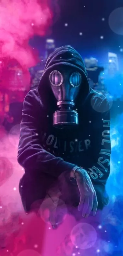 Hooded figure wearing gas mask in neon smoke.