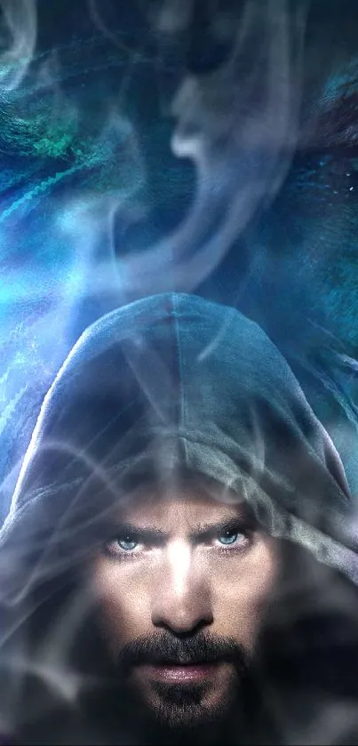 Hooded figure in cityscape with mystical eyes.