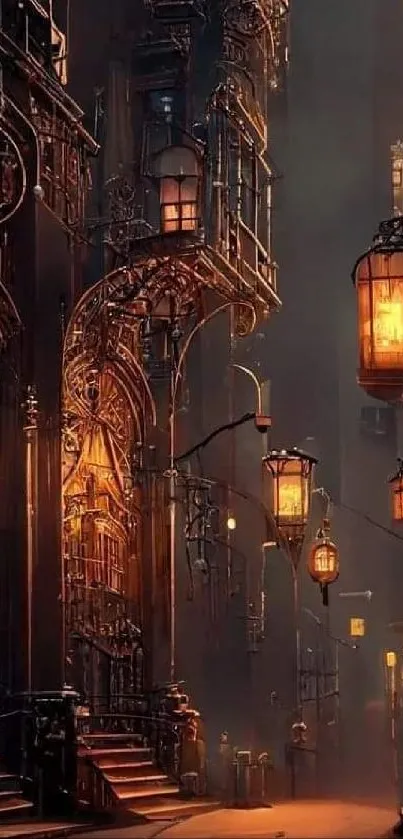 A mystical urban night scene with glowing lanterns and intricate architecture.