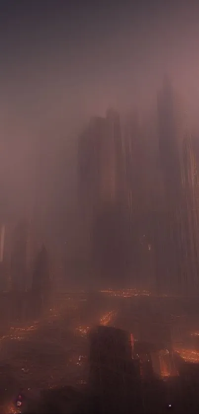 Mystical fog covering urban skyscrapers at night, with warm city lights.