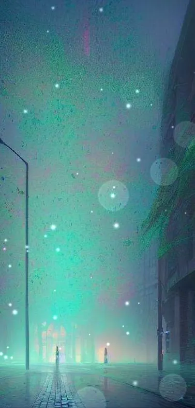 Foggy neon street with teal glow in urban nightscape.