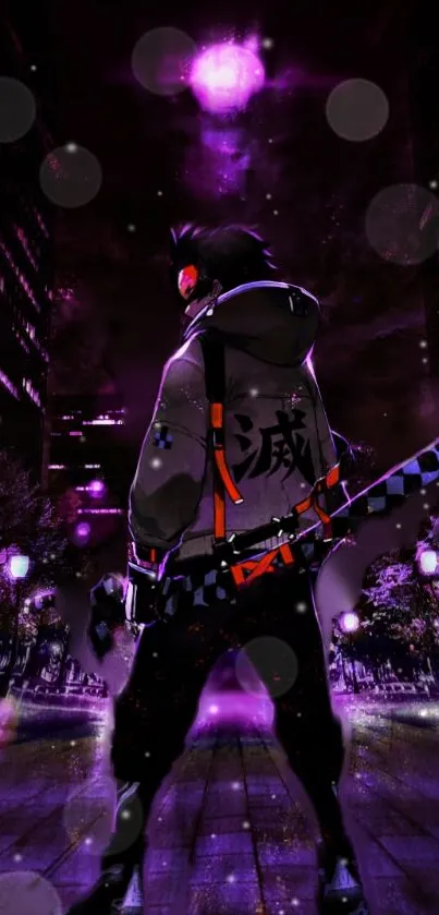 Anime ninja in purple night cityscape with a mystical vibe.