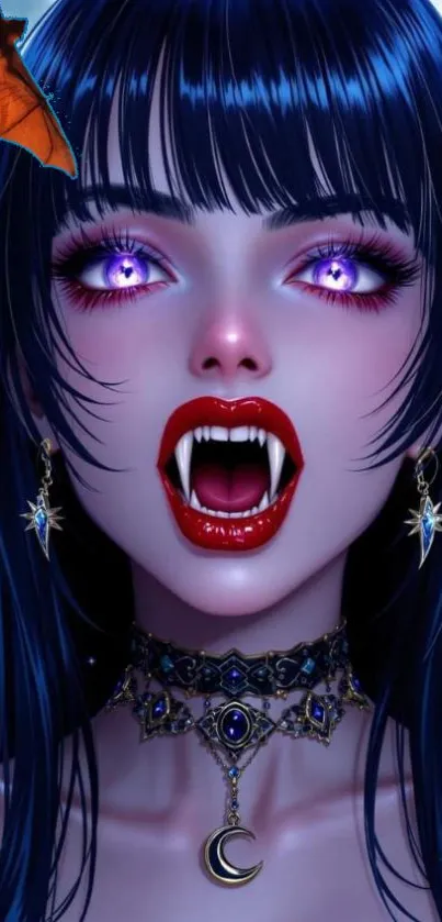 Anime-style vampire girl with purple eyes and fangs in dark blue theme.