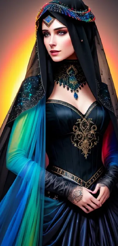 Mystical woman in vibrant attire with a glowing backdrop.