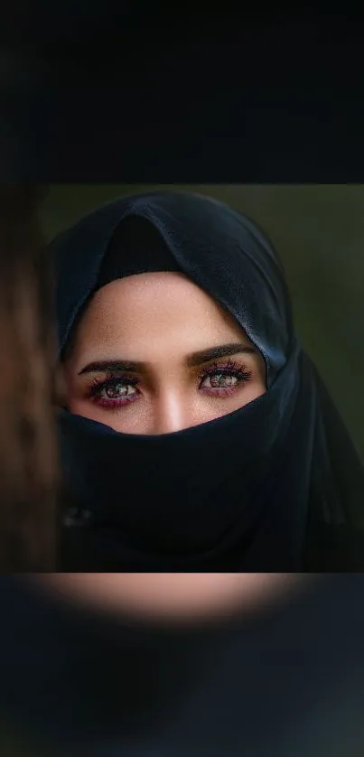 A mysterious woman partially veiled, showcasing captivating eyes.