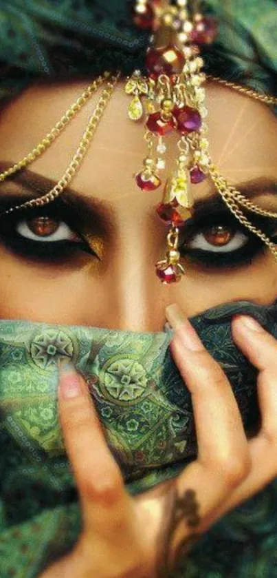 Mystical veiled beauty with intricate jewelry and exotic eyes.