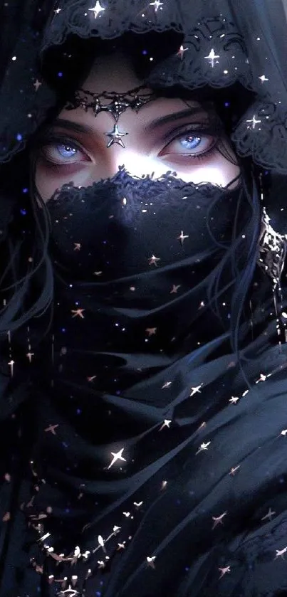 A veiled woman with celestial accents in a dark, mystical setting.