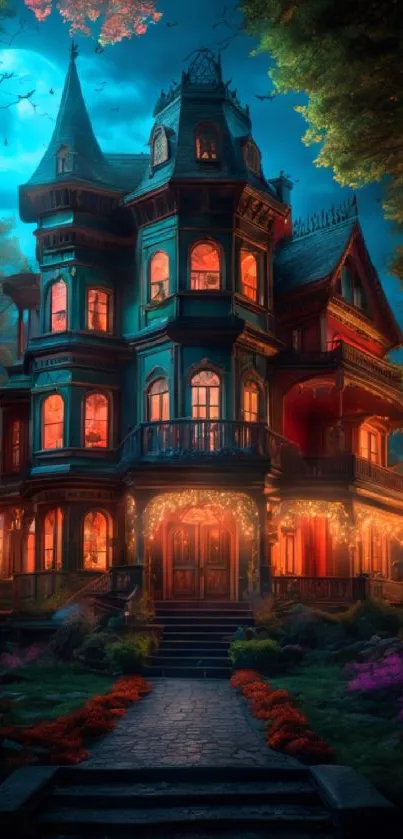 Enchanted Victorian mansion under moonlight with vibrant colors.