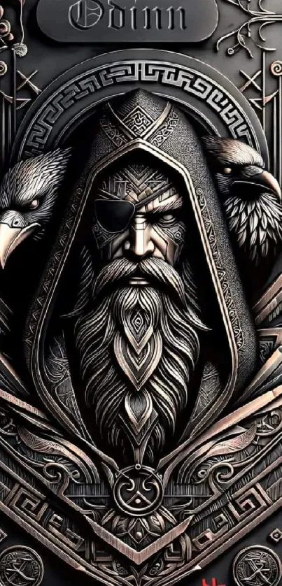 Intricate Odin and ravens wallpaper with dark mystical design.