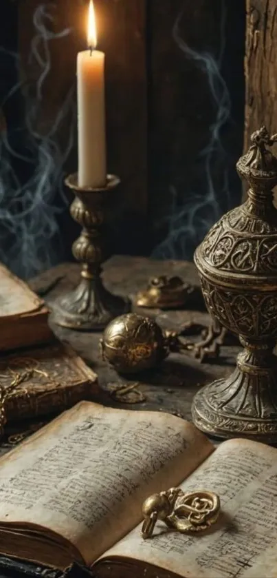 Mystical vintage book scene with lit candle and antique décor.