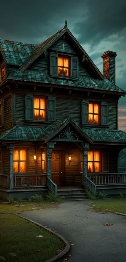 Mystical vintage house with glowing windows under a dark teal sky.