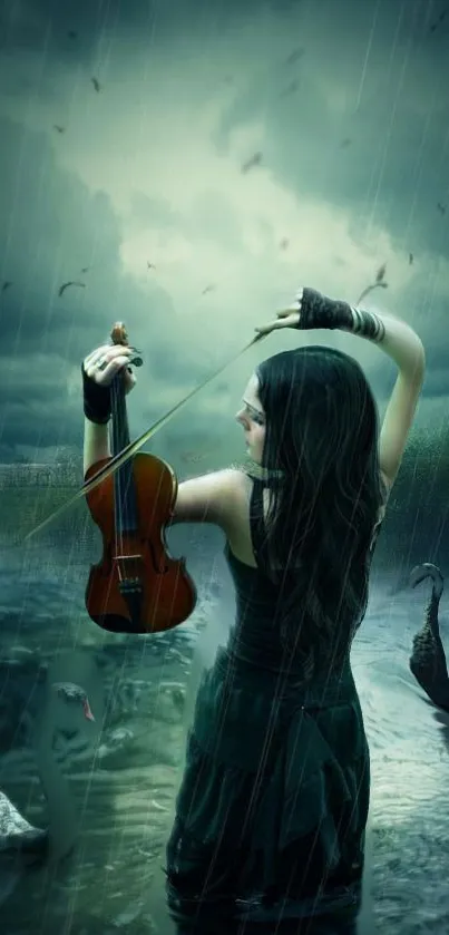 Mystical violinist standing by a lake with swans under a stormy sky.