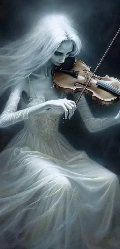 Ethereal figure playing violin in ghostly white ambiance.