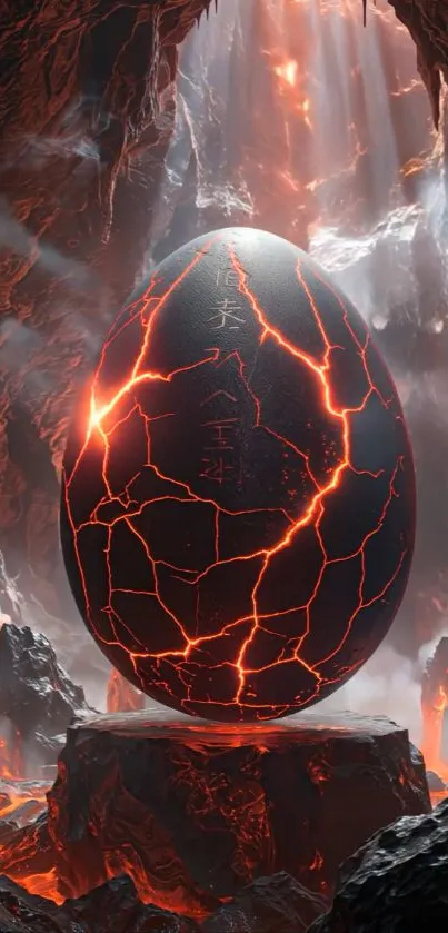 Glowing volcanic egg in surreal fiery cave scene.