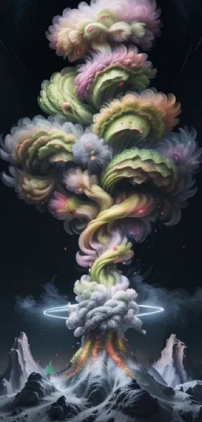 Mystical volcanic eruption with colorful clouds in a dark sky.