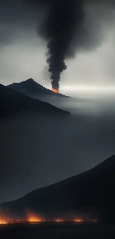 Dramatic volcanic eruption with dark smoke and fiery lava flow.