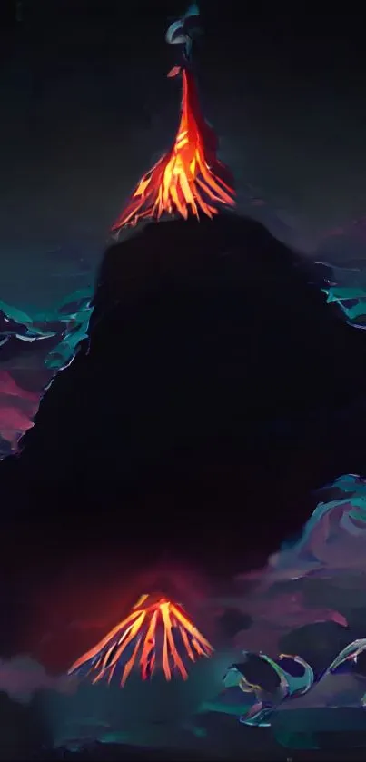 Mystical volcano art wallpaper with vibrant flames and mystical scenery.