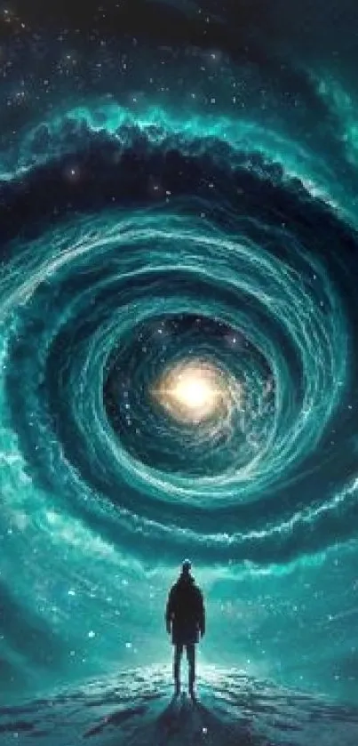 Person silhouetted against a swirling galaxy vortex with teal hues.