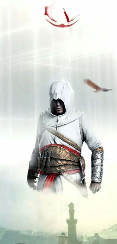 White hooded warrior with eagle and ethereal background.