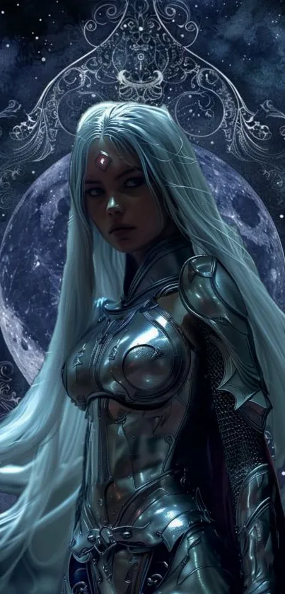 A mystical warrior in armor against a starry moonlit sky.