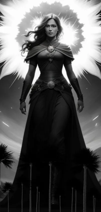 A mystical warrior stands beneath a dramatic sun eclipse in grayscale.