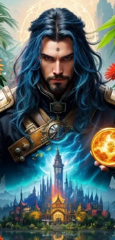 Mystical warrior with blue hair holding a glowing orb in a fantasy setting.