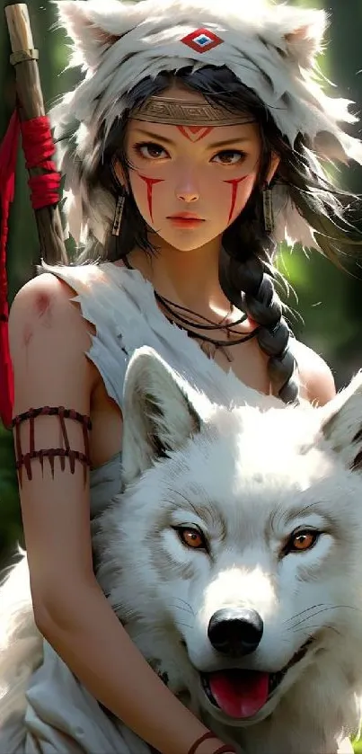 Mystical warrior with white wolf in forest setting.