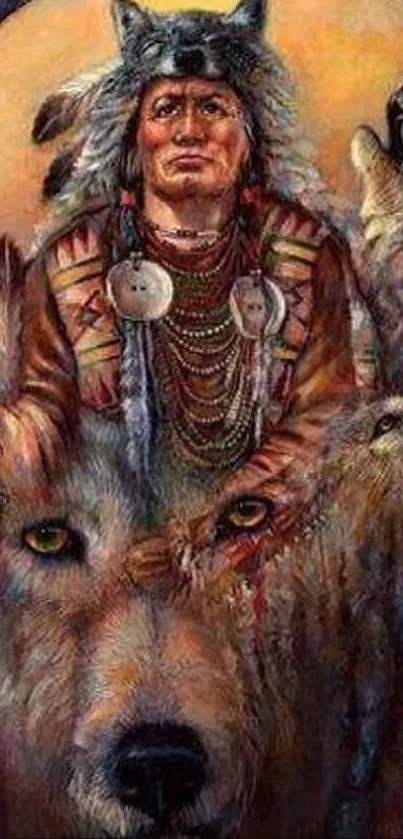 Native American warrior with wolves art wallpaper.