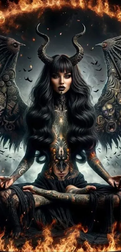 Dark angel warrior meditating with flaming wings in mystical artwork.