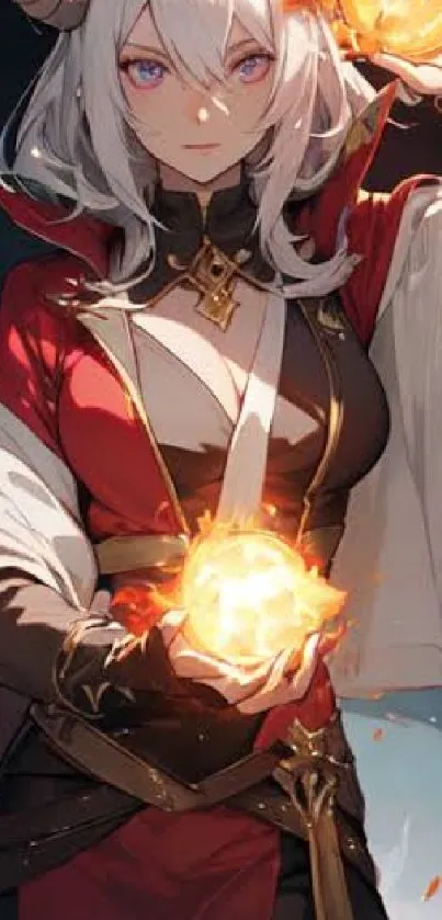 Anime character in red armor holding glowing orbs.