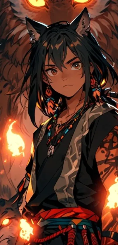 Anime warrior with glowing animals in fire-lit setting.