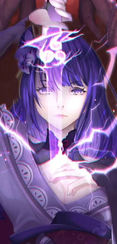 Anime mystical warrior with electric effects and purple tones.