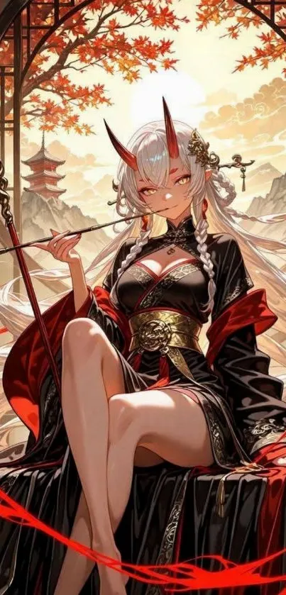Anime warrior woman with horns and detailed attire in a mystical setting.
