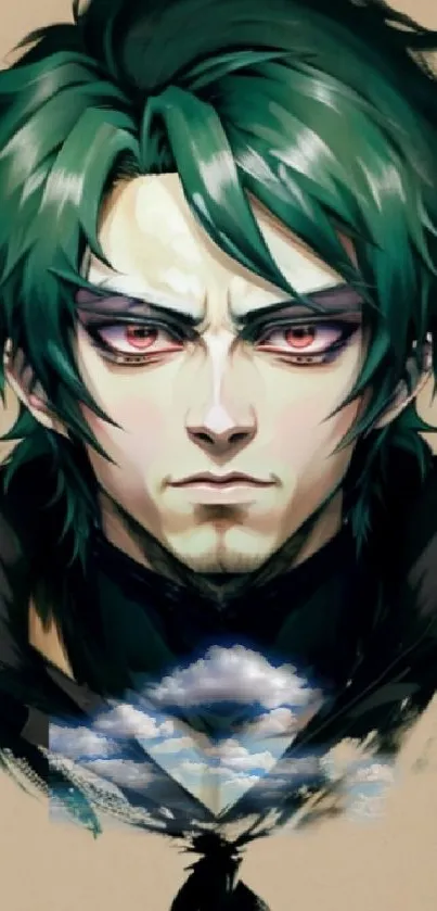 Mystical anime character with green hair and intense gaze.