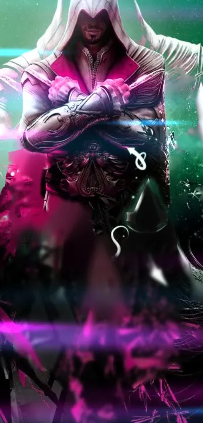 Mystical hooded warrior in vibrant colors for mobile wallpaper.