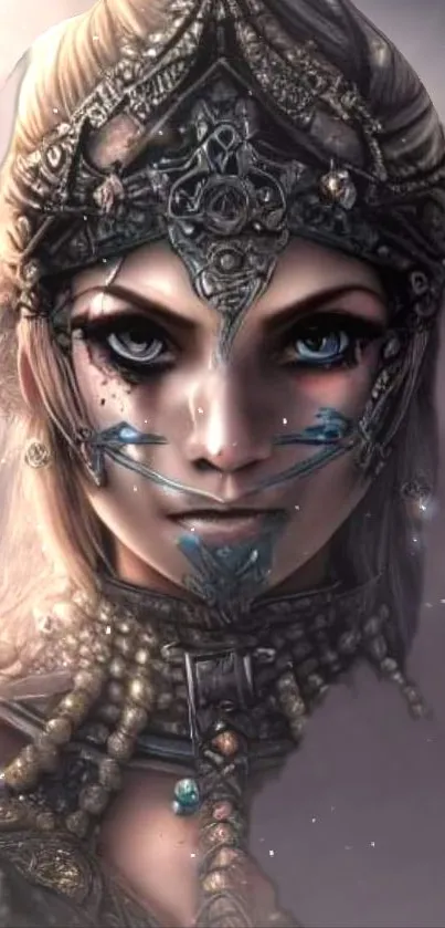 Fantasy warrior artwork with mystical design and intricate details.