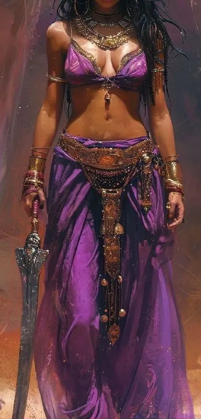 Mystical warrior in vibrant purple attire holding a sword.