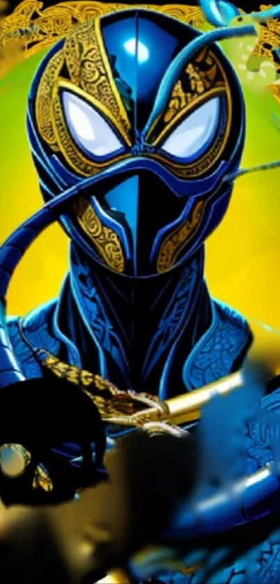 Mystical warrior in blue and gold armor on mobile wallpaper.